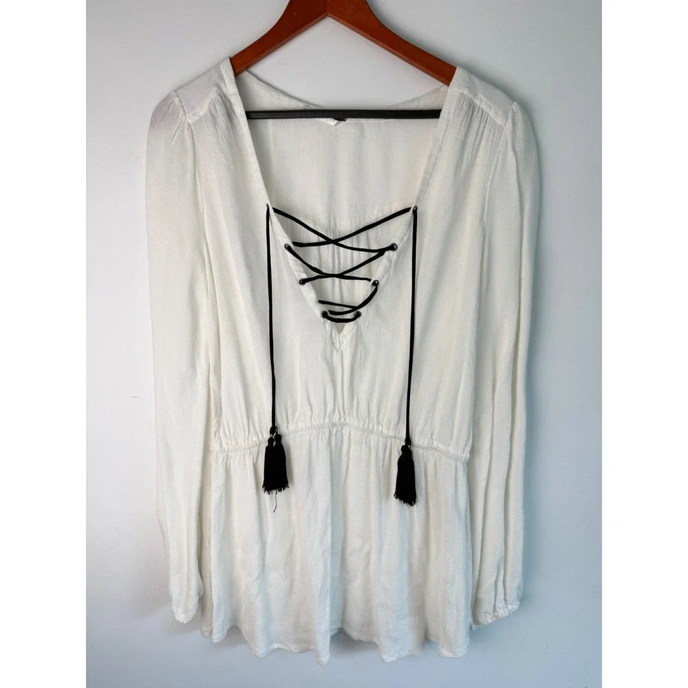 FREE PEOPLE Lace Up Tassel Tunic Blouse Womens White Boho Peasant Top Size M